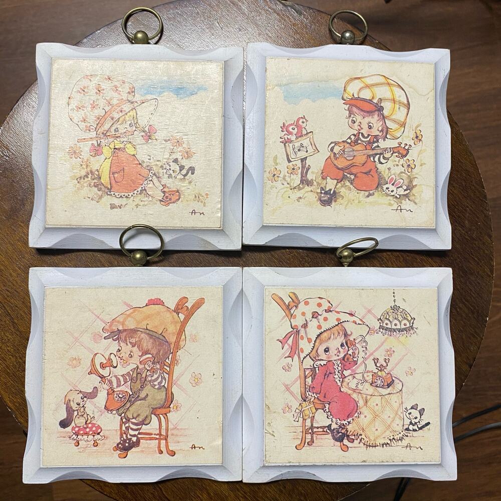 Homco Set of 4 Vintage Boy & Girl Wall Decor Plaques Guitar Flute Prairie
